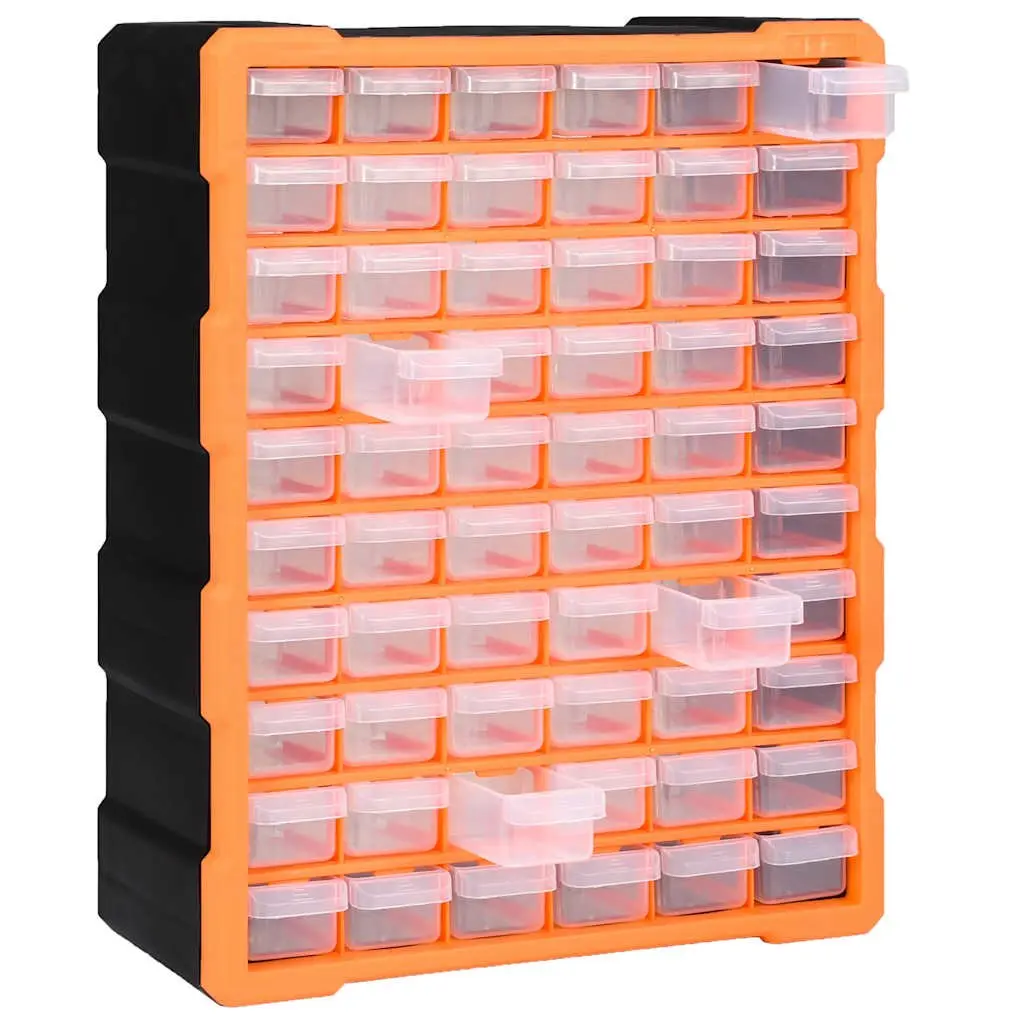 Multi-Drawer Organiser Orange 60 Drawers Impact-Resistant Plastic Wall Mount Tool Storage Box