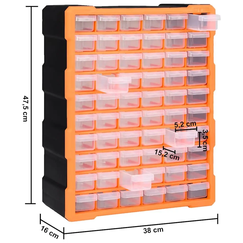 Multi-Drawer Organiser Orange 60 Drawers Impact-Resistant Plastic Wall Mount Tool Storage Box