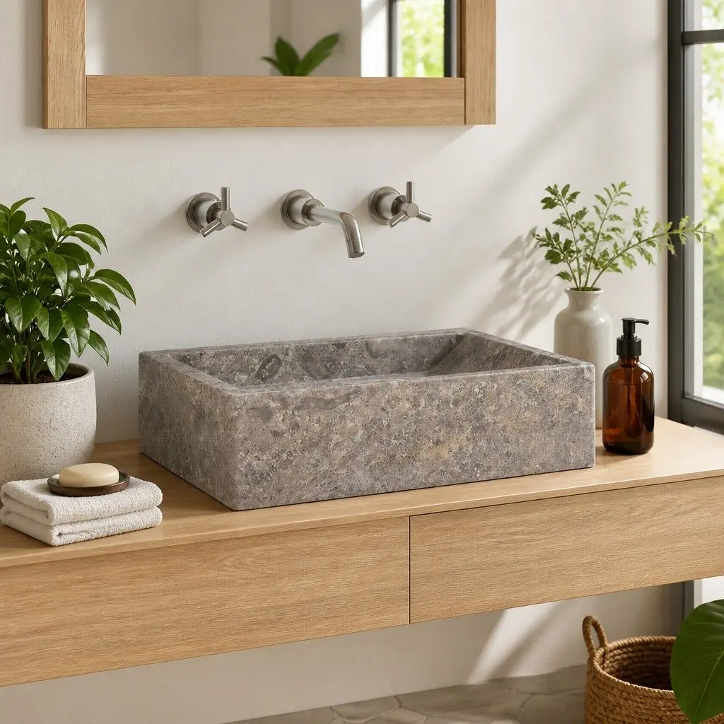 Bathroom Sink Grey 45x30x12cm High Gloss Marble Handmade Contemporary Fixture