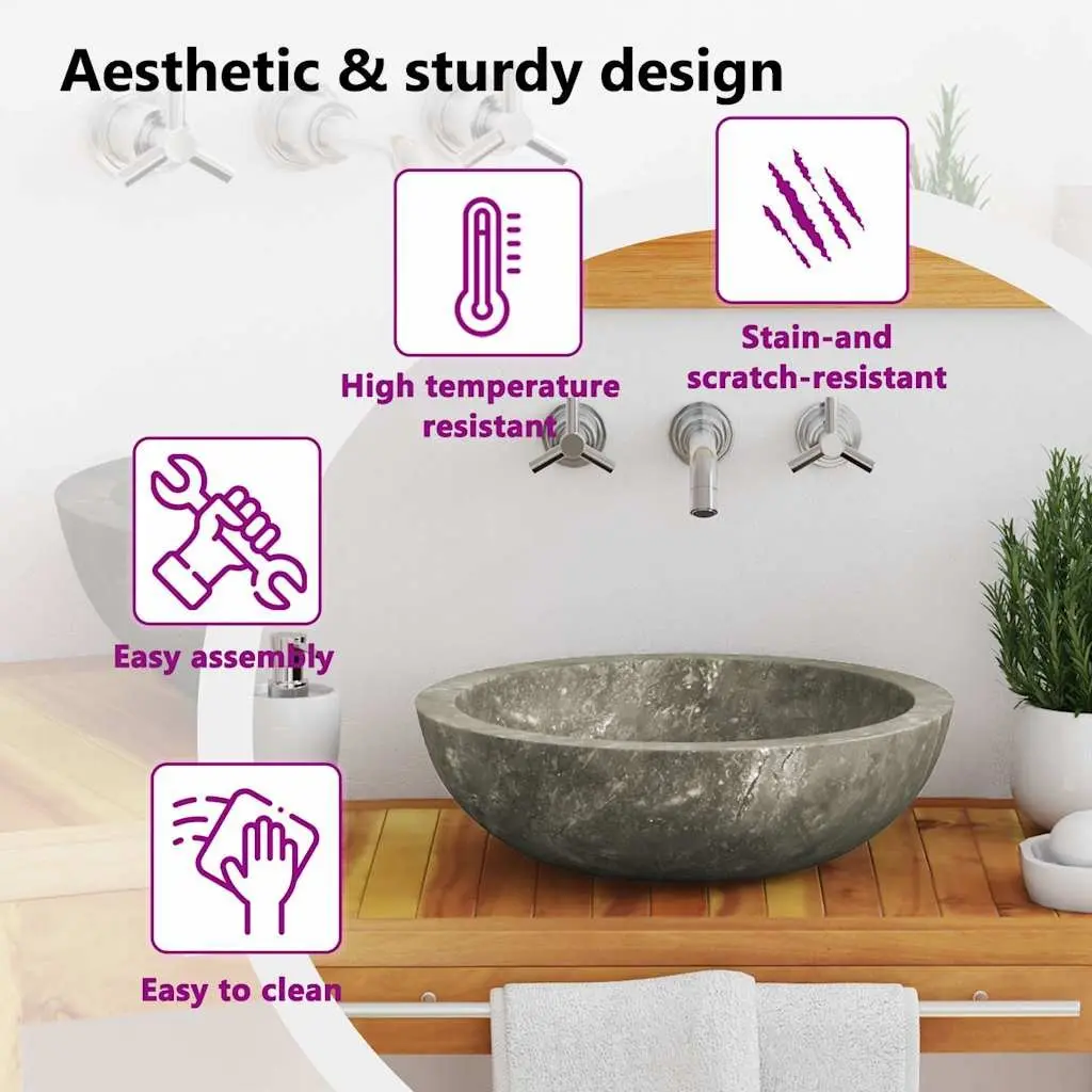 Bathroom Sink Grey Round 40cm Diameter Handmade Natural Stone