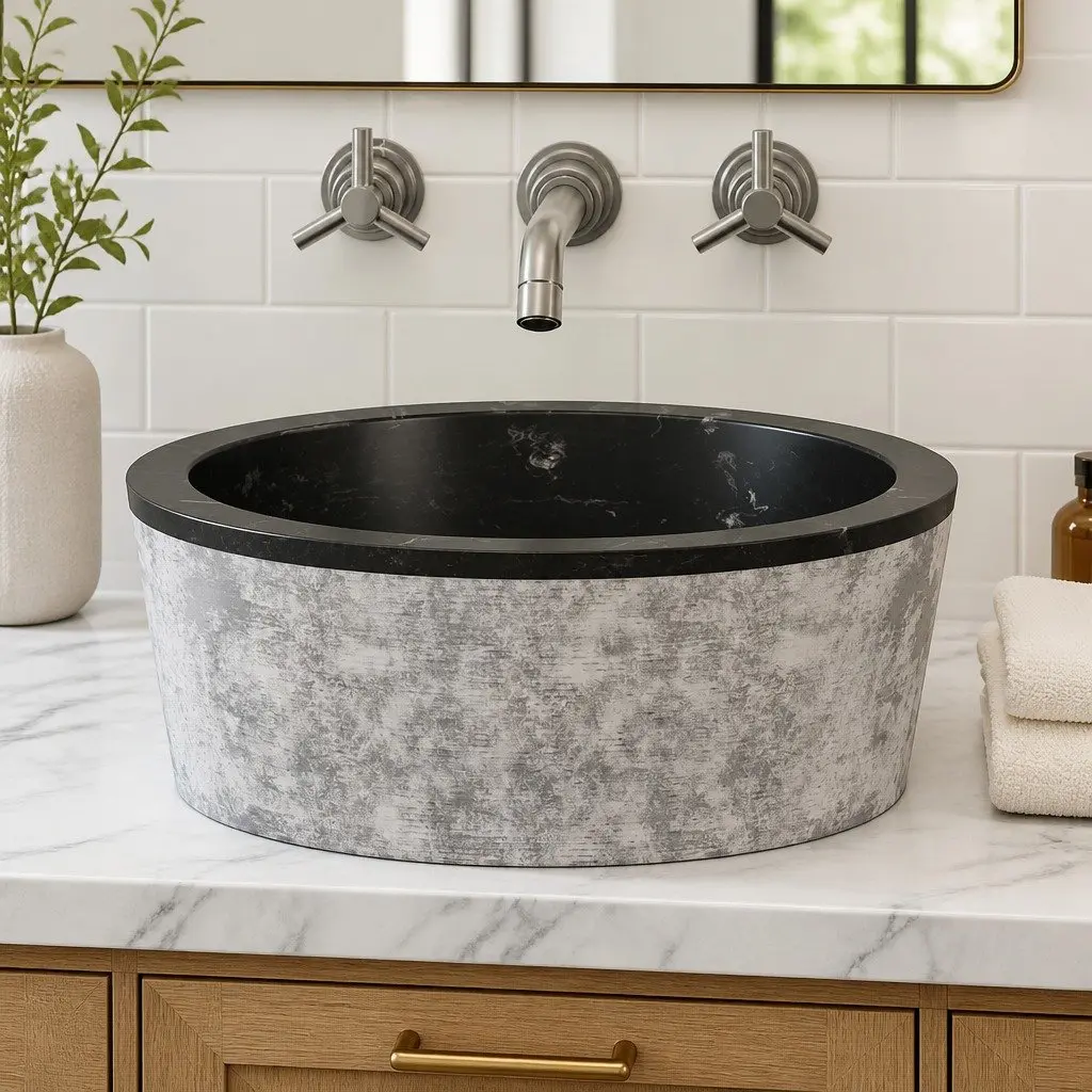 Bathroom Sink Black Round Marble Vessel 40cm Handcrafted