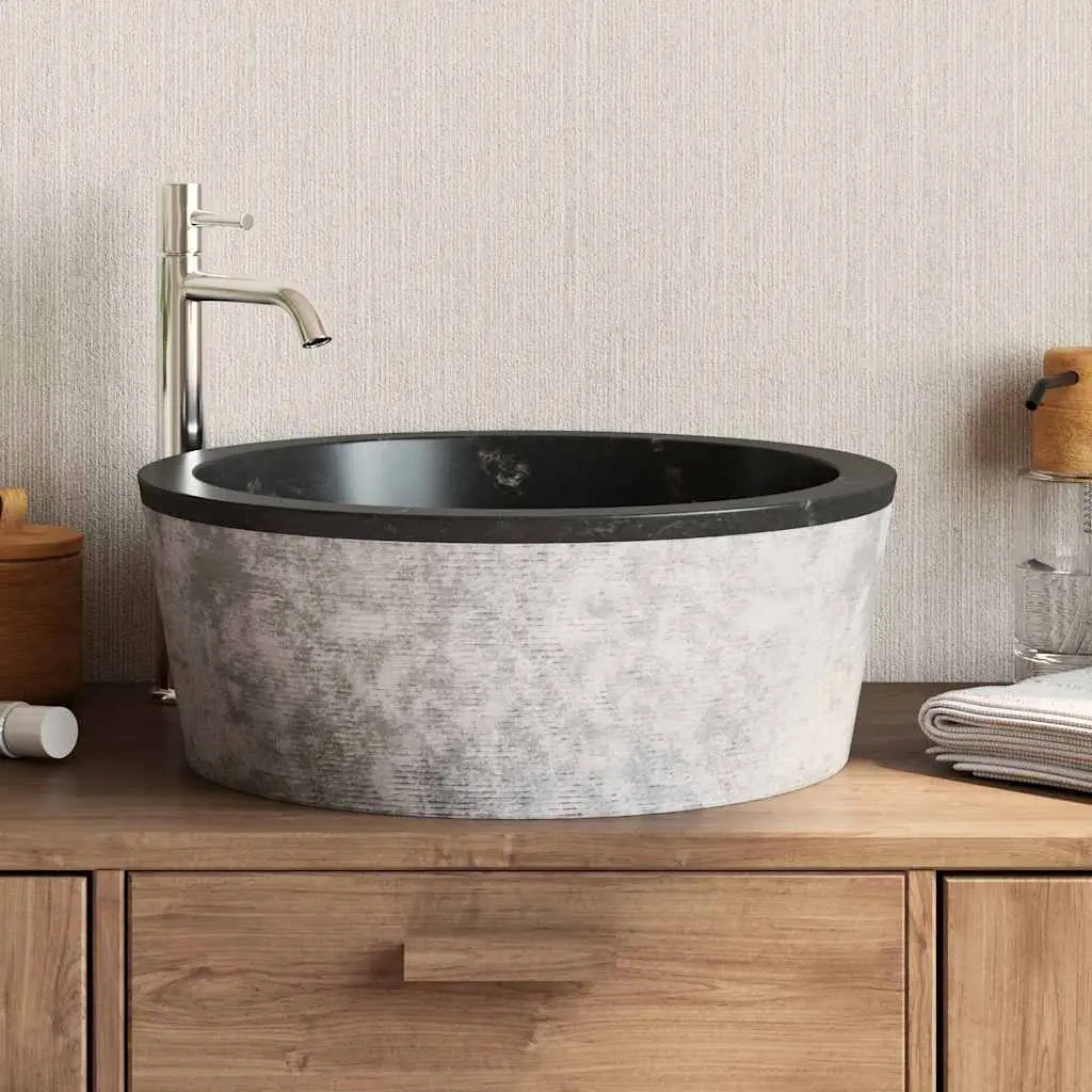 Bathroom Sink Black Round Marble Vessel 40cm Handcrafted