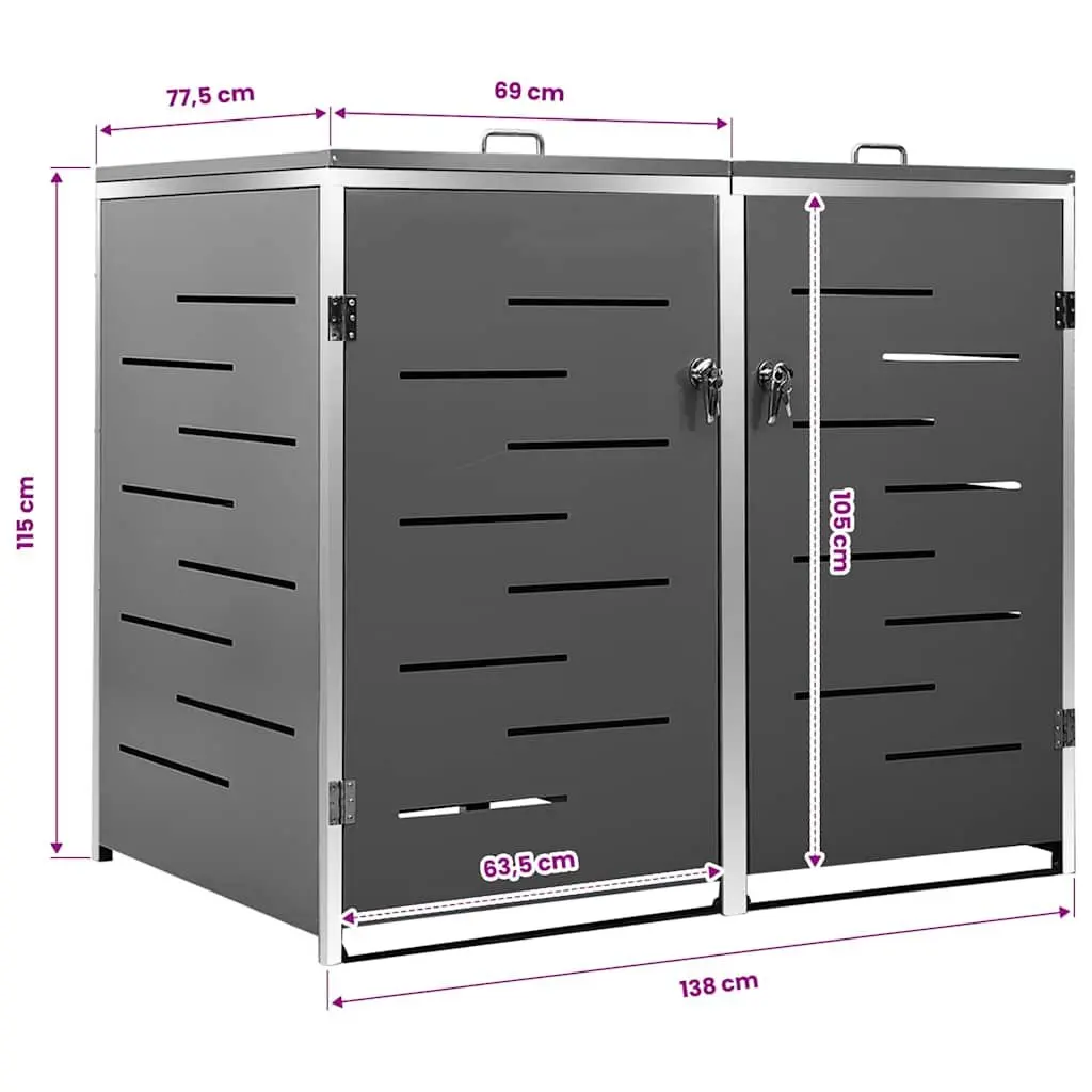 Double Wheelie Bin Shed Anthracite 138x77.5x115cm Sturdy Frame Ventilated Panels