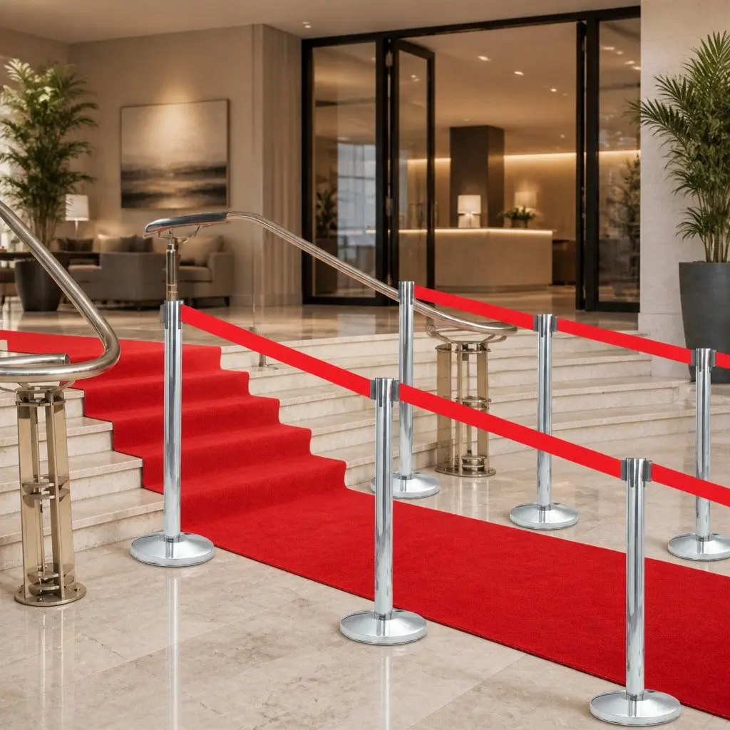 Safety Stanchions Silver Stainless Steel 4 Piece Retractable Belt Barriers for Crowd Control and Queue Management