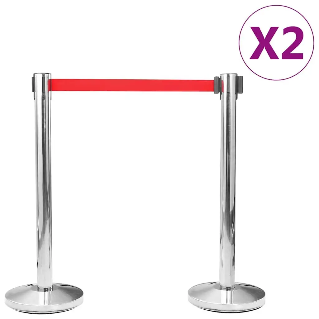 Safety Stanchions Silver Stainless Steel 4 Piece Retractable Belt Barriers for Crowd Control and Queue Management