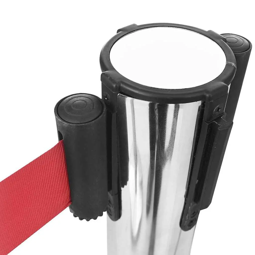 Safety Stanchions Silver Stainless Steel 4 Piece Retractable Belt Barriers for Crowd Control and Queue Management