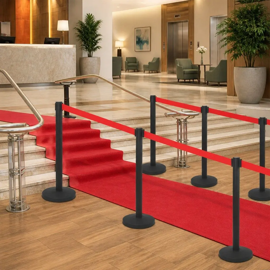 Stanchion Barrier Black Iron 4 Piece Retractable Belt Crowd Control Safety Posts