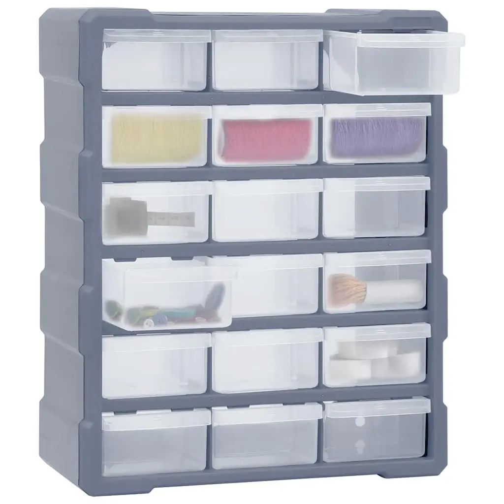 Multi-Drawer Tool Organiser Storage Box Grey 18 Drawers Impact-Resistant Plastic See-Through Drawers