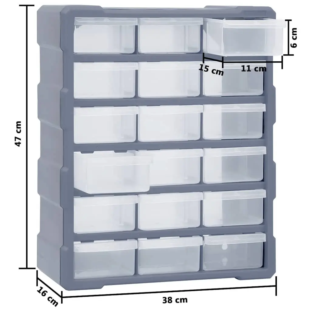 Multi-Drawer Tool Organiser Storage Box Grey 18 Drawers Impact-Resistant Plastic See-Through Drawers