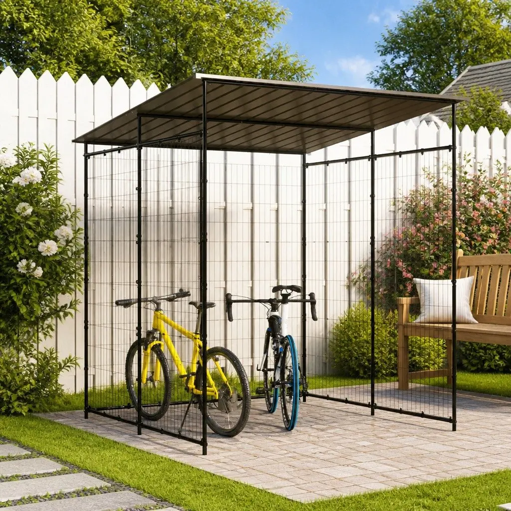 Bicycle Shed Black 190x190x222cm Powder-Coated Steel Outdoor Bike Shelter