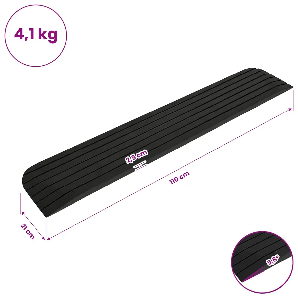 Rubber Threshold Ramps Non-Slip Surface for Wheelchairs Rollators Scooters Set of 2 Size 110x21x2.5cm
