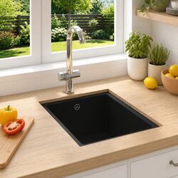 Black Granite Kitchen Sink Single Basin Extra-Deep Overflow Hole Above Under