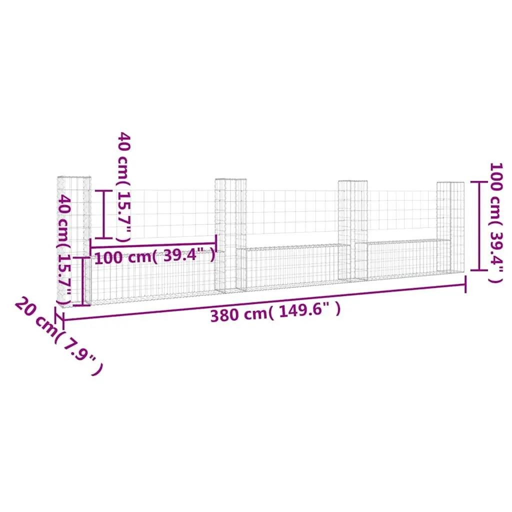U-Shape Gabion Basket Fence Panel Silver 380 x 20 x 100 cm Welded Mesh Construction with 4 Posts