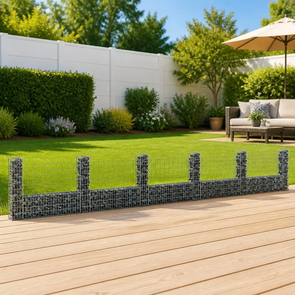 U-Shape Gabion Basket Silver Iron 620x20x100cm Weather-Resistant with 6 Posts for Retaining Wall Garden Fence Panel