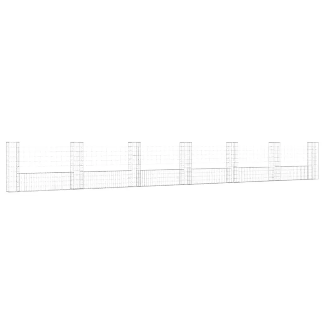 U-Shape Gabion Basket Silver 740 x 20 x 100 cm with 7 Posts for Retaining Wall Garden Barrier