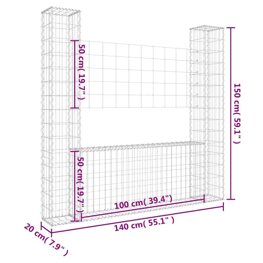 U-Shape Gabion Basket with 2 Posts Silver Retaining Wall Fence Panel Garden