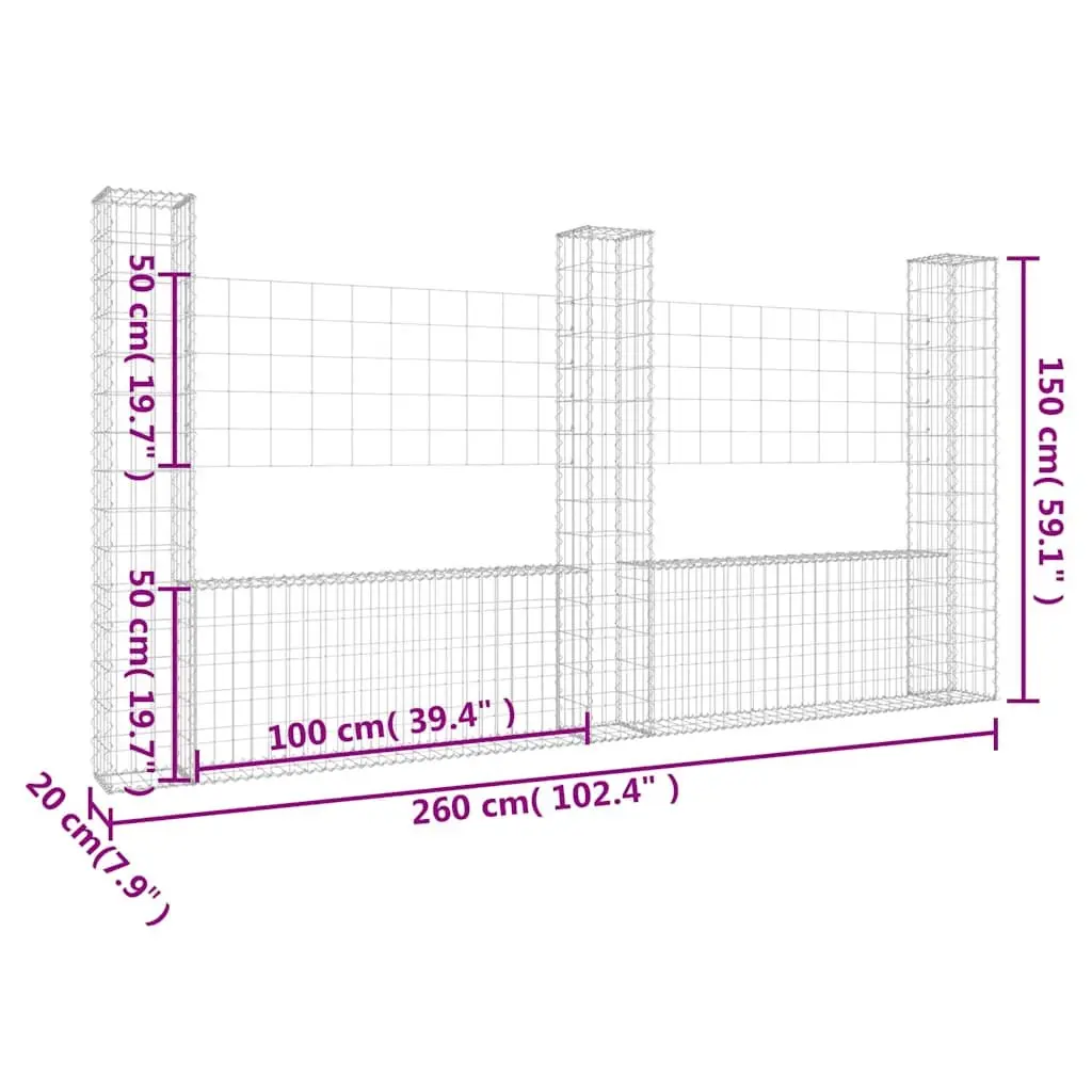 U-Shape Gabion Basket Silver 260x20x150cm Iron Fence Panel Retaining Wall Garden Barrier