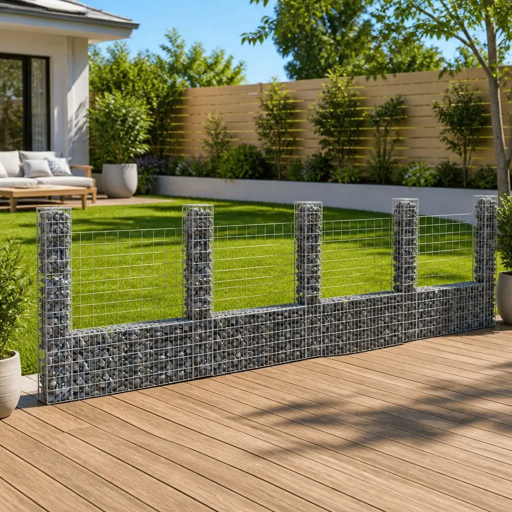 U-Shape Gabion Basket Silver Iron Fence Panel with 5 Posts for Retaining Wall Garden
