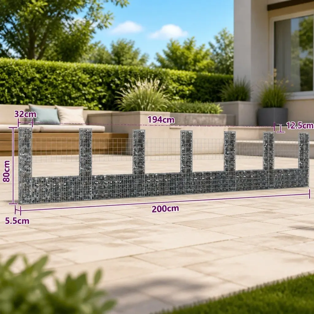 U-Shape Gabion Basket Fence Panel Silver Iron 740 x 20 x 150 cm Welded Mesh Grid with 7 Posts for Garden Barrier