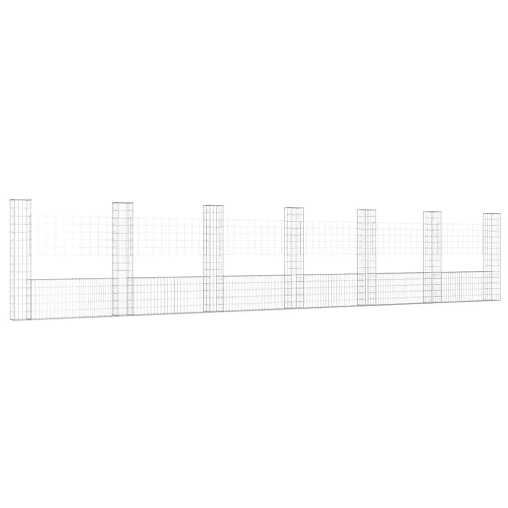 U-Shape Gabion Basket Fence Panel Silver Iron 740 x 20 x 150 cm Welded Mesh Grid with 7 Posts for Garden Barrier