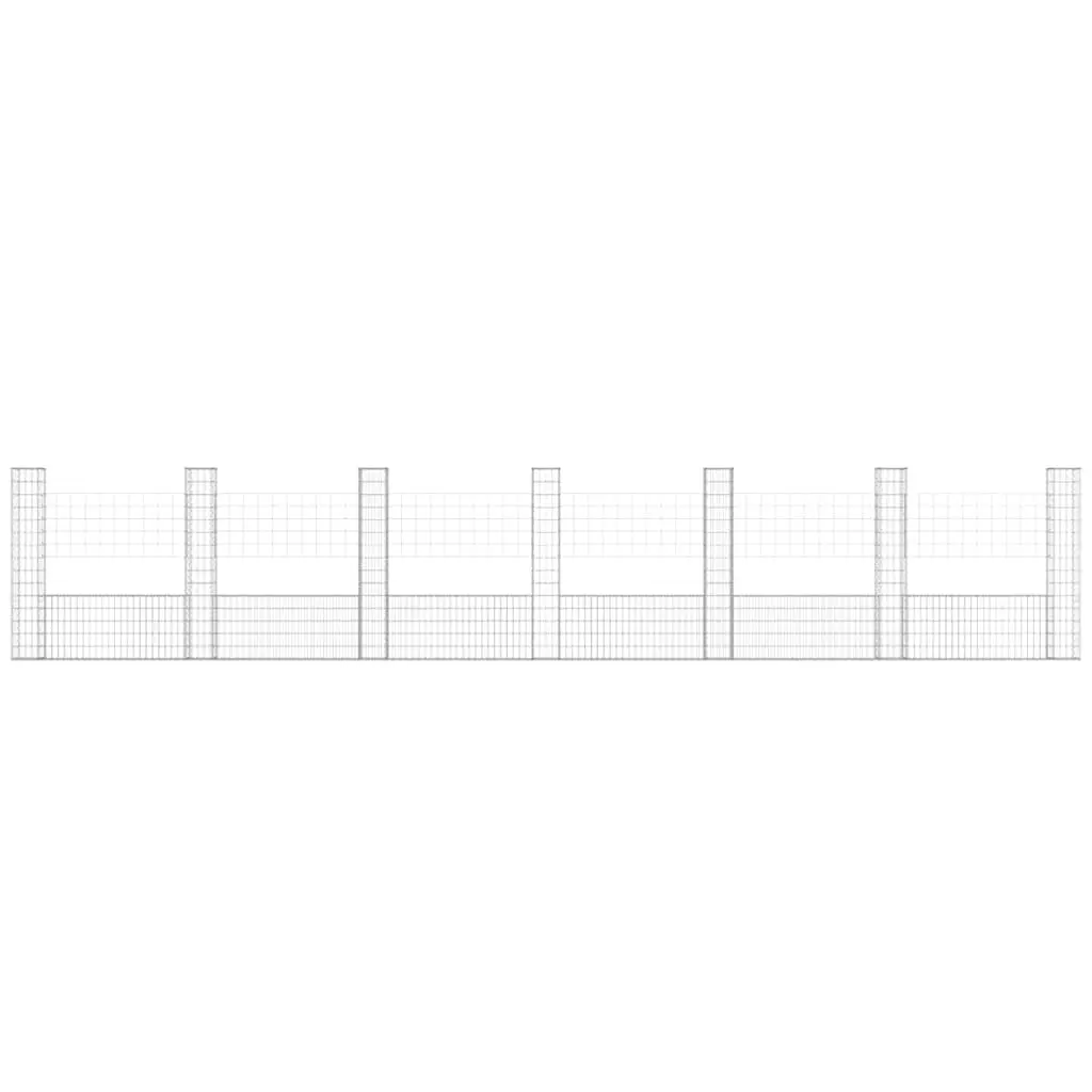 U-Shape Gabion Basket Fence Panel Silver Iron 740 x 20 x 150 cm Welded Mesh Grid with 7 Posts for Garden Barrier