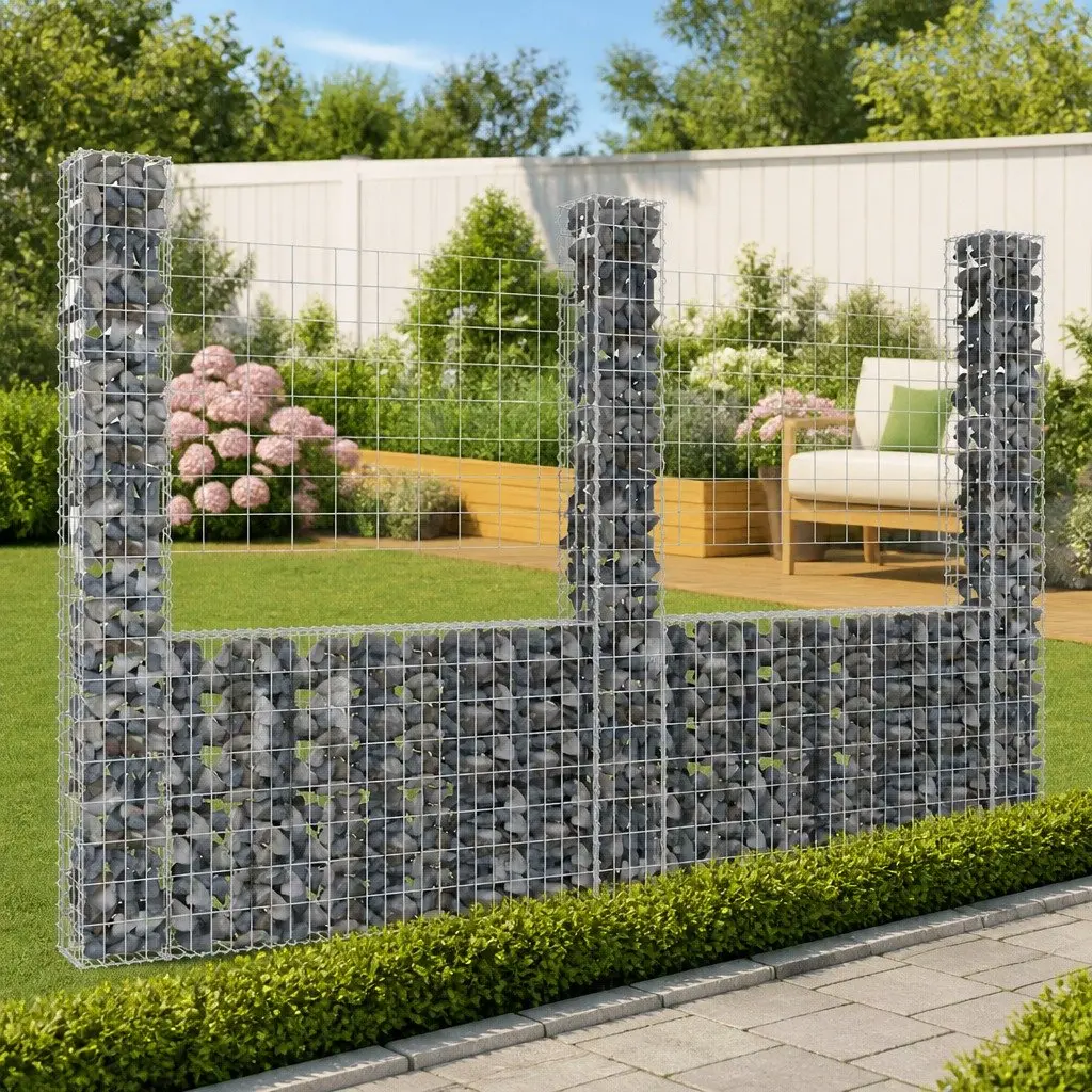 U-Shape Gabion Basket Fence Panel Silver 260x20x200cm Welded Wire Mesh Iron Posts