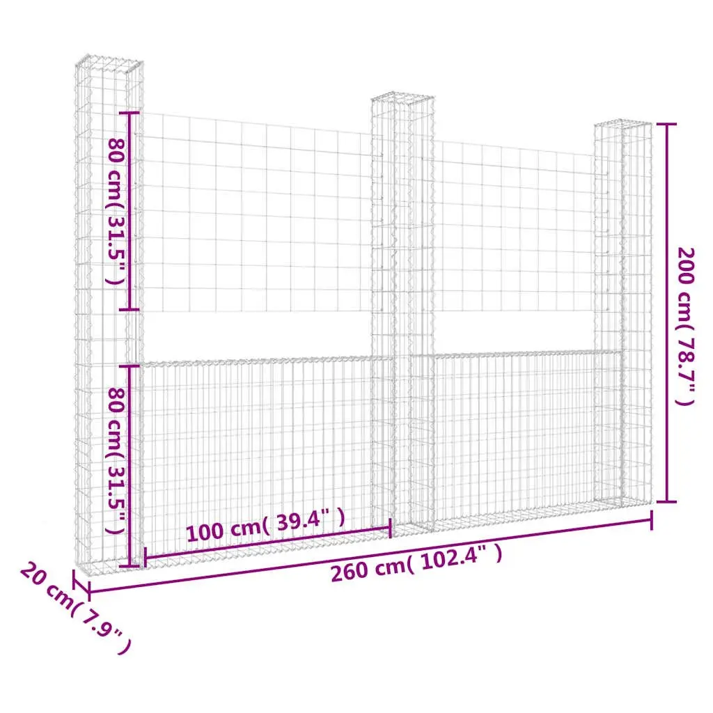 U-Shape Gabion Basket Fence Panel Silver 260x20x200cm Welded Wire Mesh Iron Posts