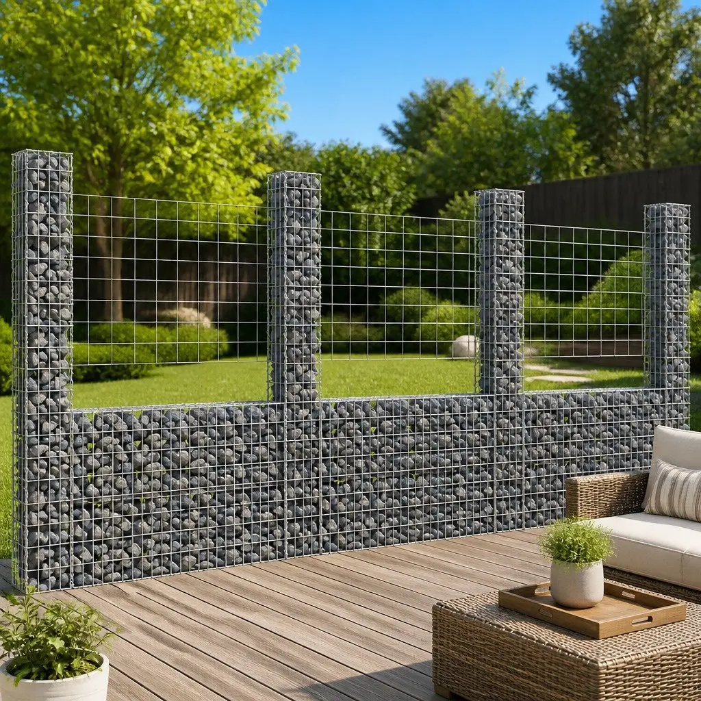 U-Shape Gabion Basket Fence Panel Silver Iron with 4 Posts Weather Resistant for Garden Retaining Wall