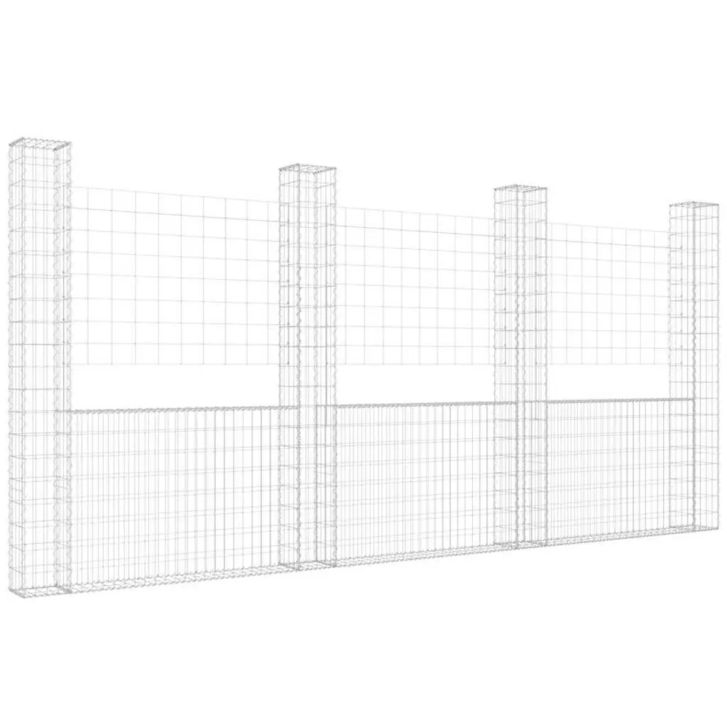 U-Shape Gabion Basket Fence Panel Silver Iron with 4 Posts Weather Resistant for Garden Retaining Wall