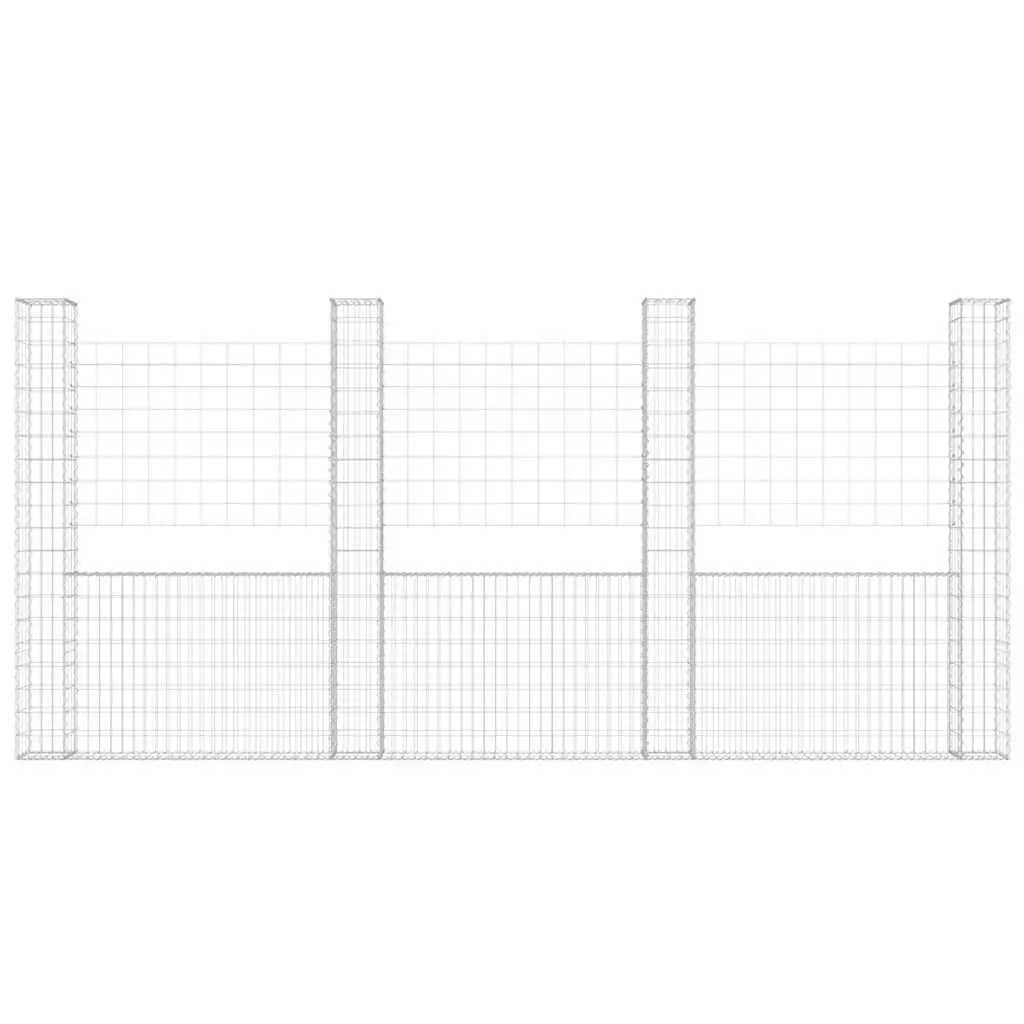 U-Shape Gabion Basket Fence Panel Silver Iron with 4 Posts Weather Resistant for Garden Retaining Wall