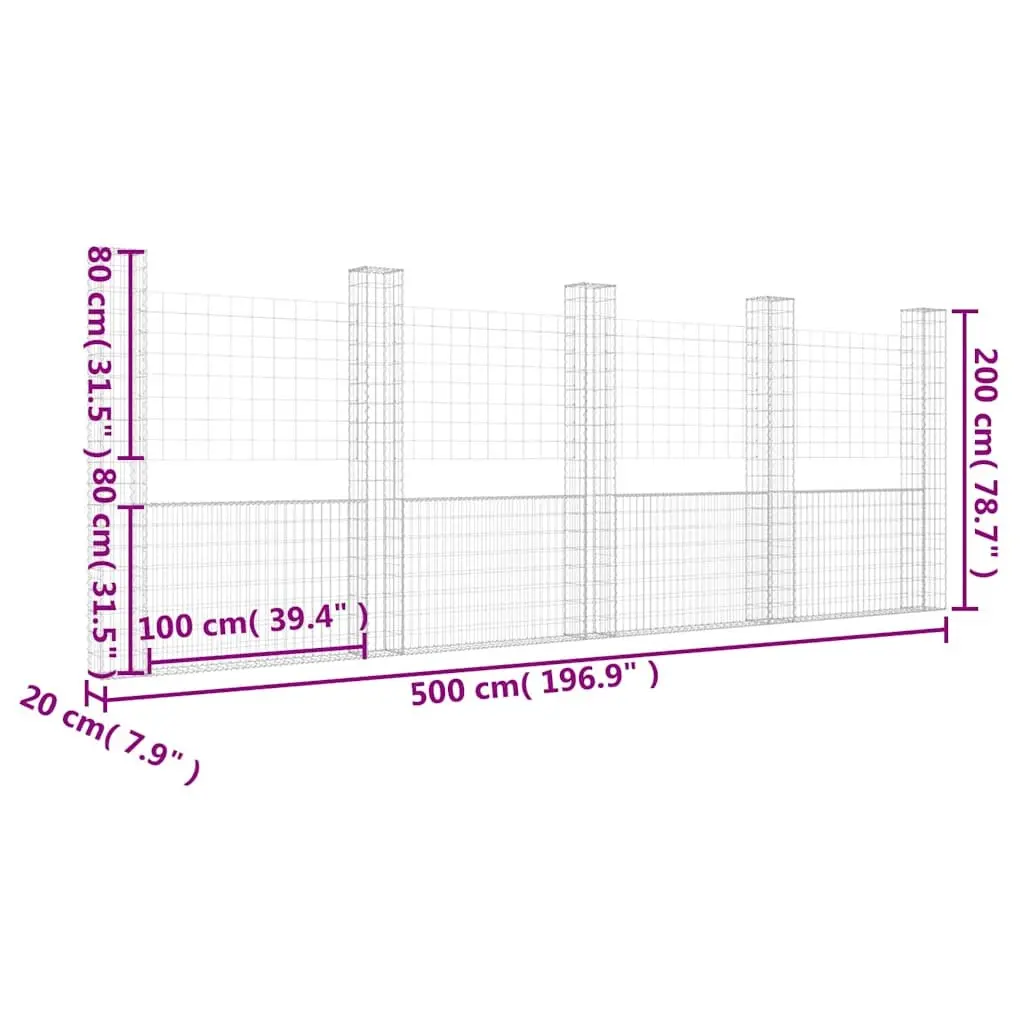 U-Shape Gabion Basket Silver 500x20x200cm Rustproof Iron Fence Panel with 5 Posts for Retaining Wall