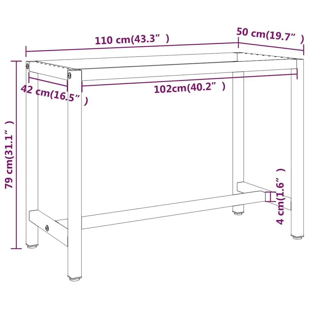 Work Bench Frame Black 110x50x79cm Heavy Duty Metal Construction Powder Coated Legs