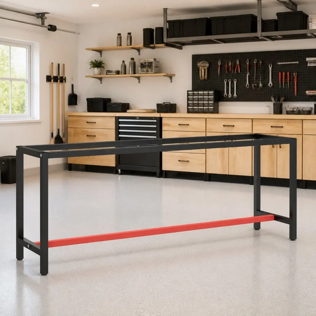 Metal Work Bench Frame Matte Black and Matte Red Heavy Duty Reinforced Structure
