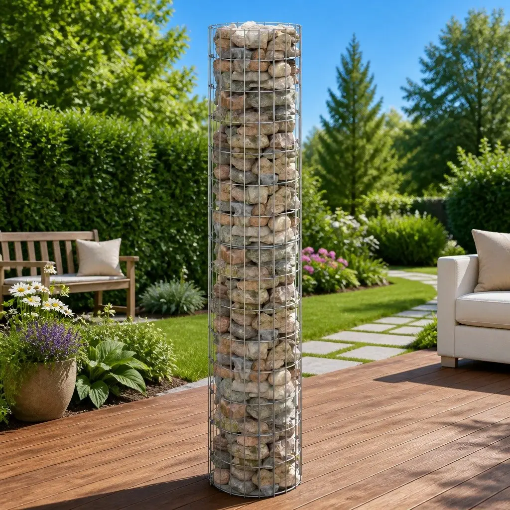 Circular Gabion Pole Silver Ø30x150 cm Galvanised Steel Garden Fence Border Post