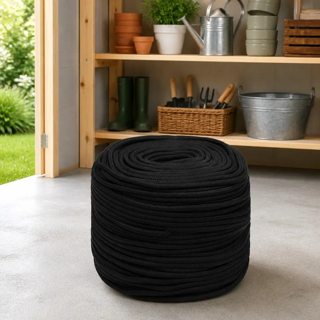 Braided Polyester Cord Black 6mm 50m General Purpose Work Rope Durable UV Resistant