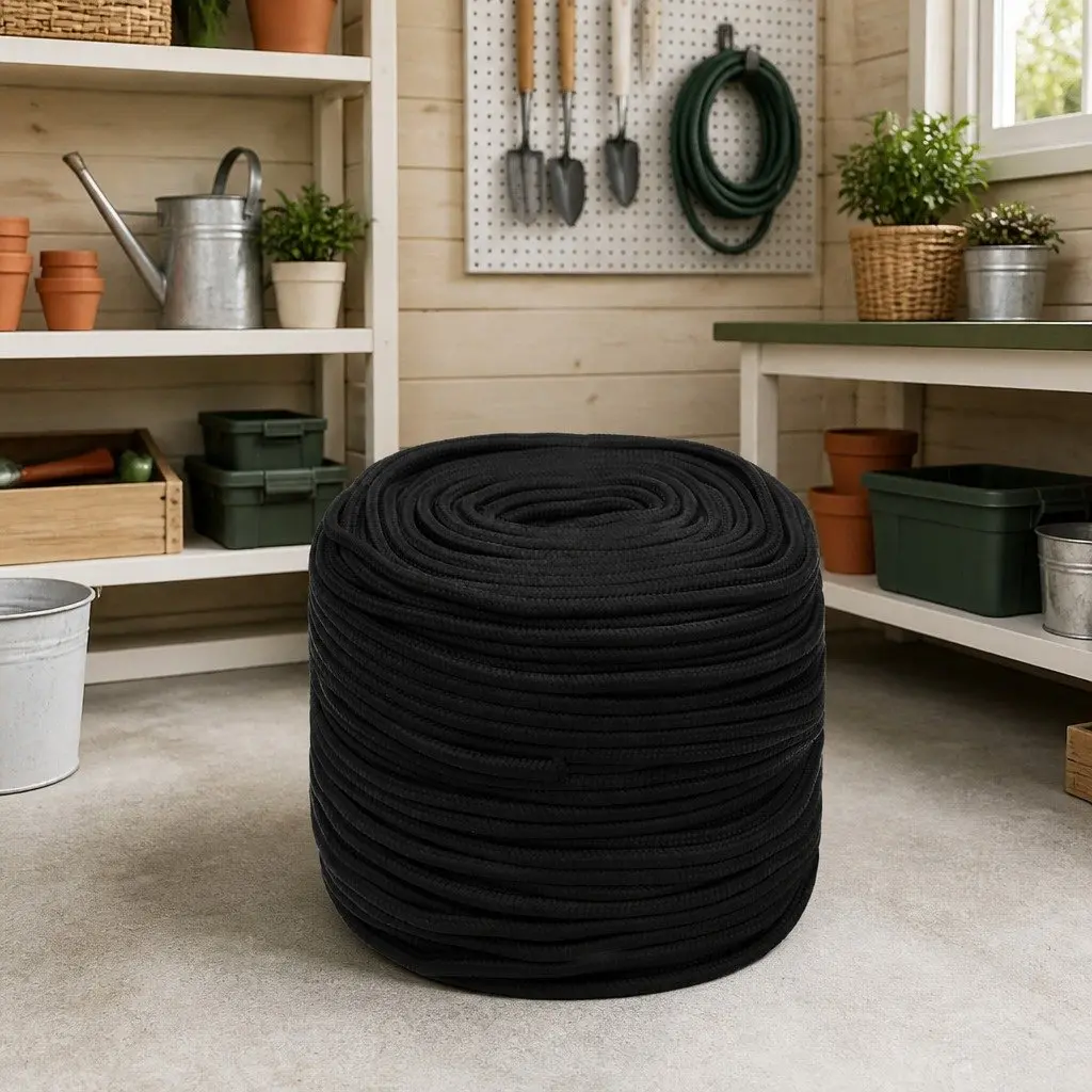 Braided Work Rope Black 8mm 50m Durable Polyester Cord General Purpose