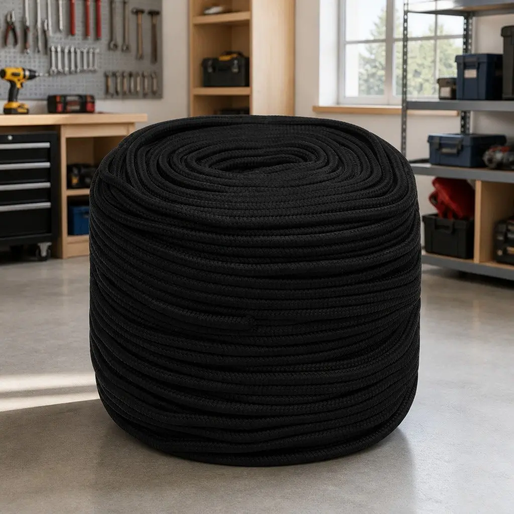 Braided Polyester Work Rope Black 10mm 50m Durable UV Resistant Cord for Garden Workshop Home Use