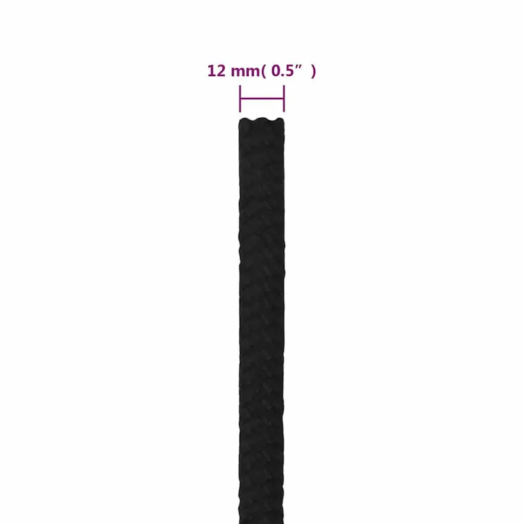 Braided Work Rope Black 12mm 50m Durable Polyester Cord General Purpose Utility