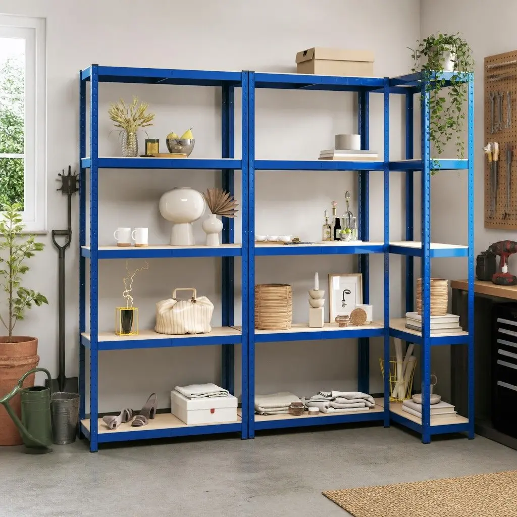 5-Layer Storage Shelves Blue Steel Engineered Wood Boltless Adjustable 3 Piece