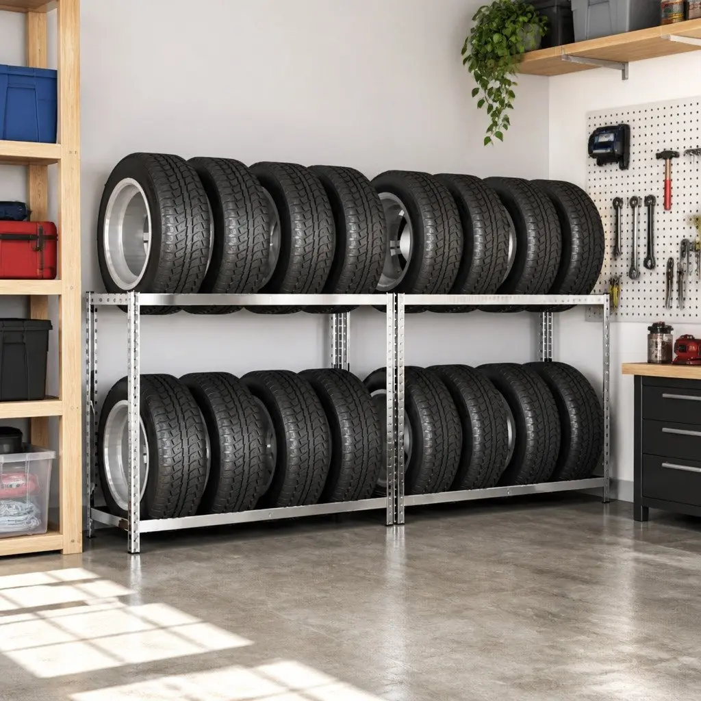 2-Layer Tire Racks Silver Steel Frame Adjustable Height Garage Organization