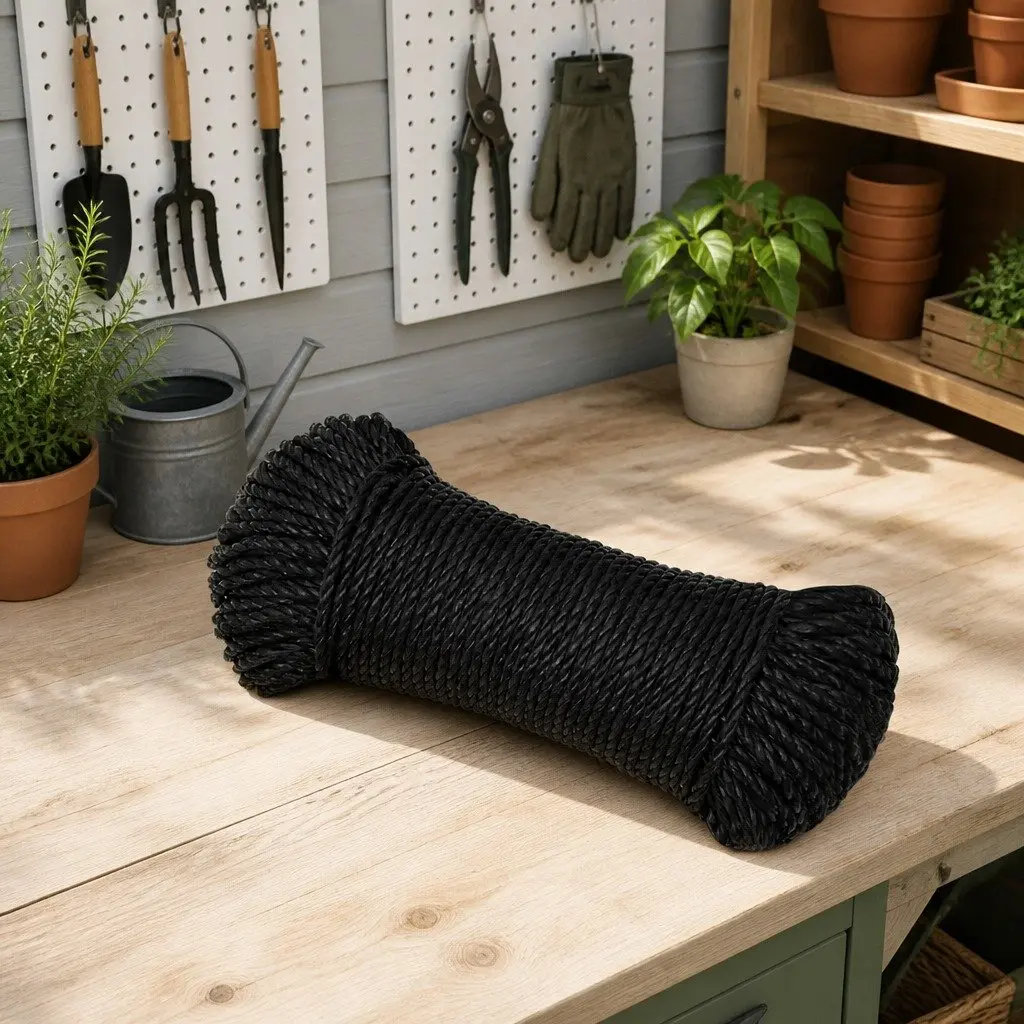 Work Rope Black 6mm 25m Twisted Polypropylene Cord Durable UV Weather Resistant