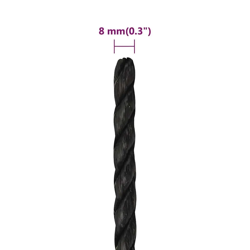 Work Rope Black 8mm 50m Twisted Polypropylene UV Resistant Weather Resistant General Purpose Outdoor Garden