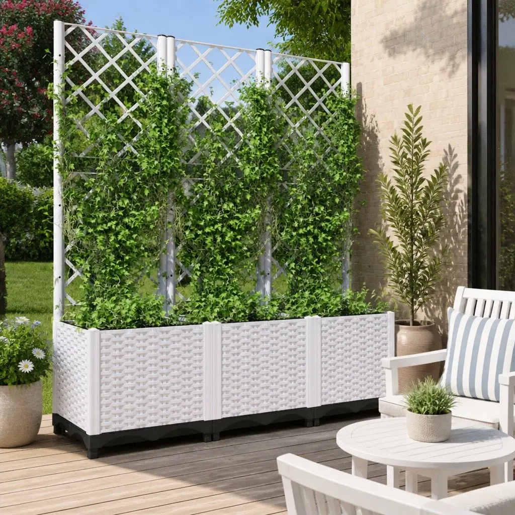 Garden Planter White 120x40x136cm Integrated Trellis for Climbing Plants Support Box