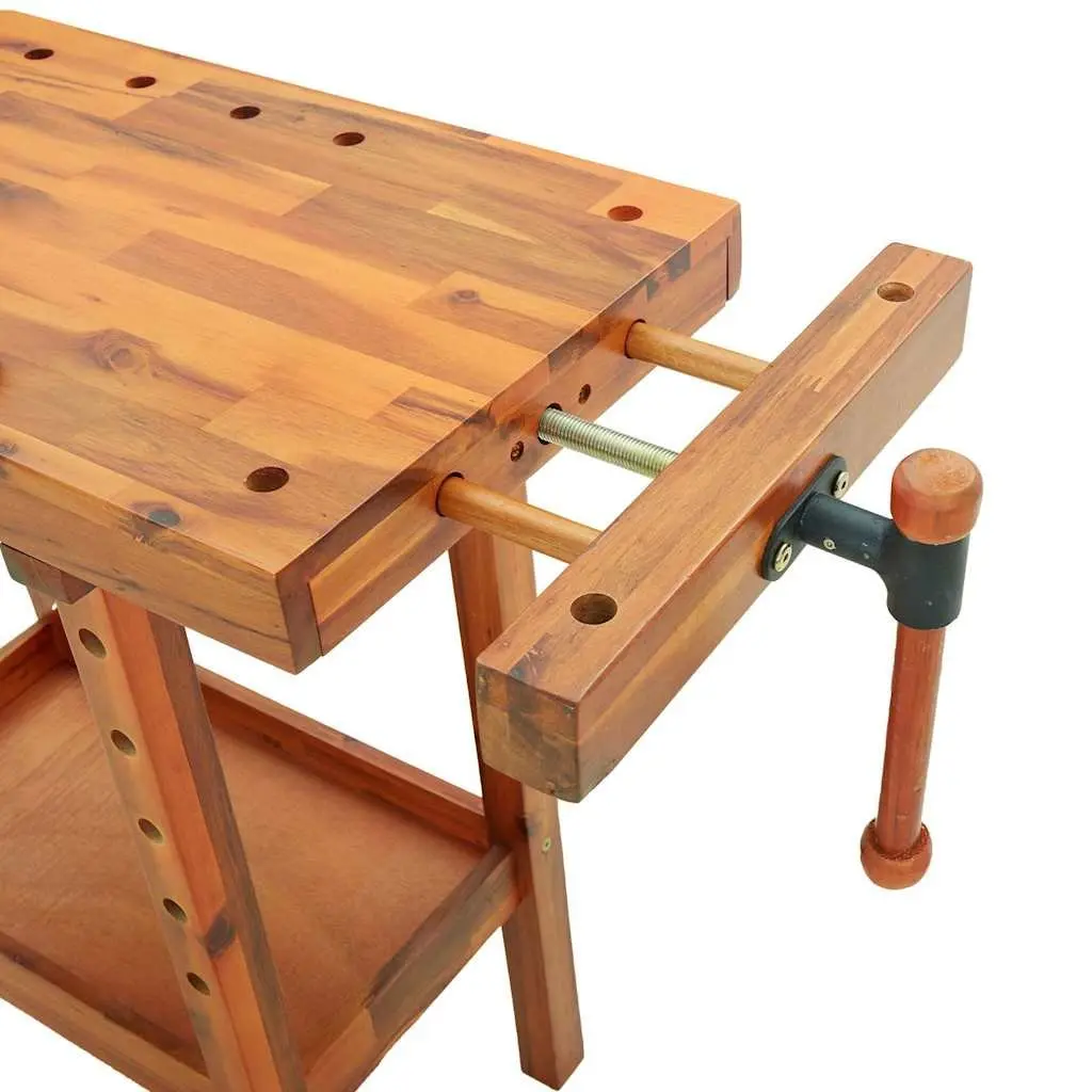 Workbench Brown Solid Acacia Wood 92x48x83 cm Fitted with Vices and Shelf