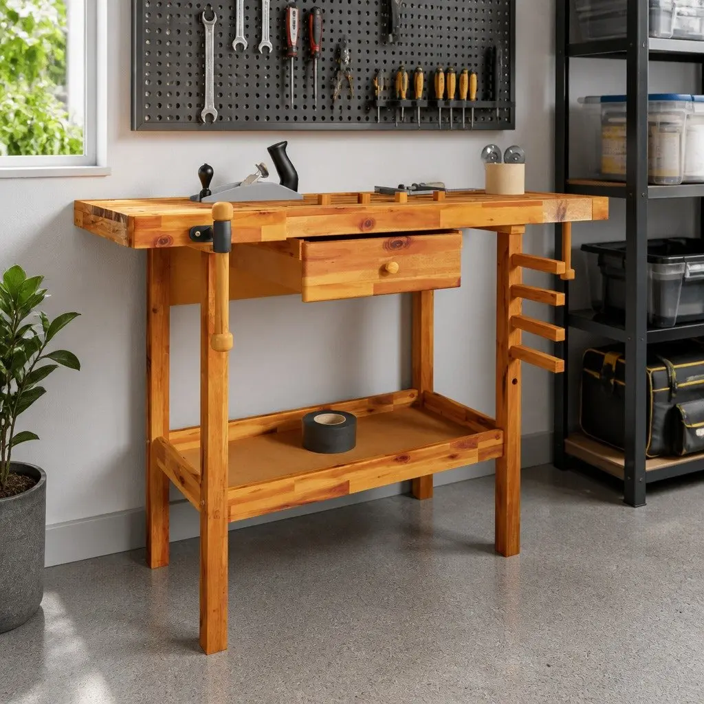 Workbench Brown 124x52x83cm Solid Acacia Wood Large Stable Surface with Drawer and Shelf