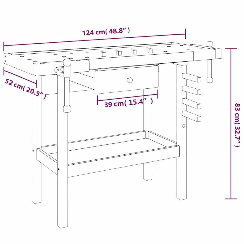 Workbench Brown 124x52x83cm Solid Acacia Wood Large Stable Surface with Drawer and Shelf