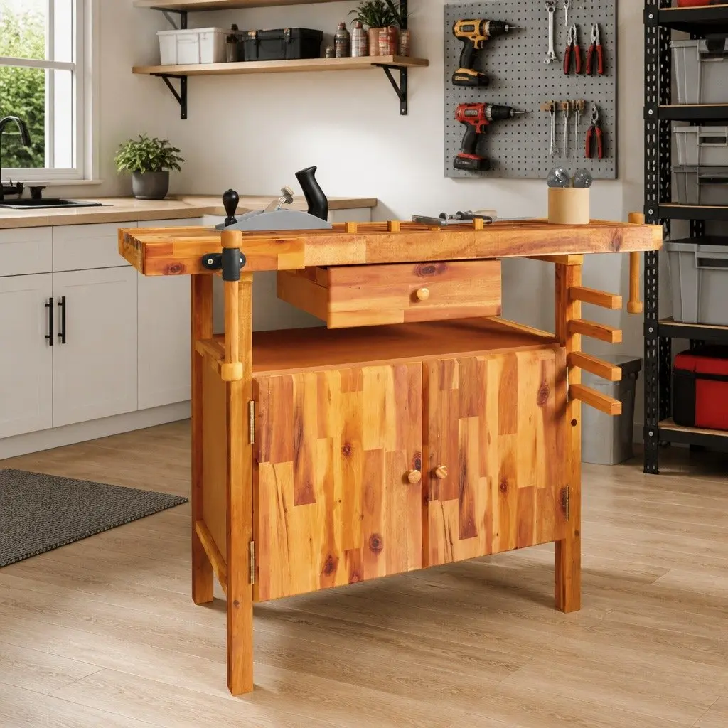 Wooden Workbench Brown 124x52x83cm Solid Acacia Wood with Drawer Storage Compartment