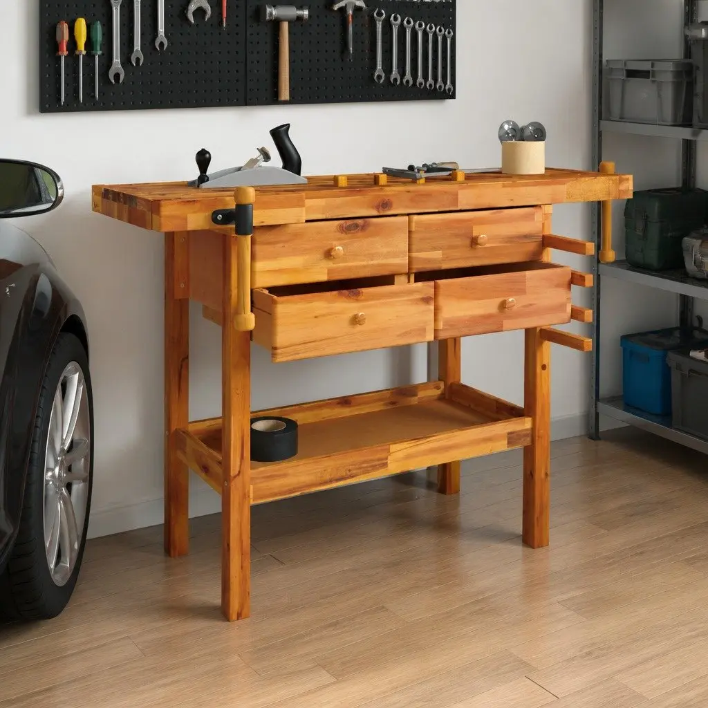 Solid Wood Workbench Brown 124x52x83cm with Drawers Shelf Vices