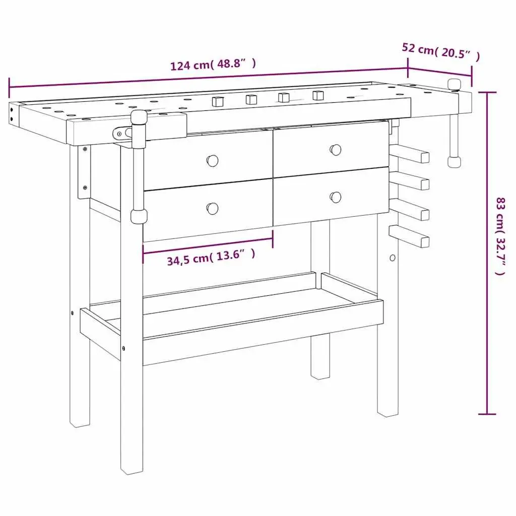 Solid Wood Workbench Brown 124x52x83cm with Drawers Shelf Vices