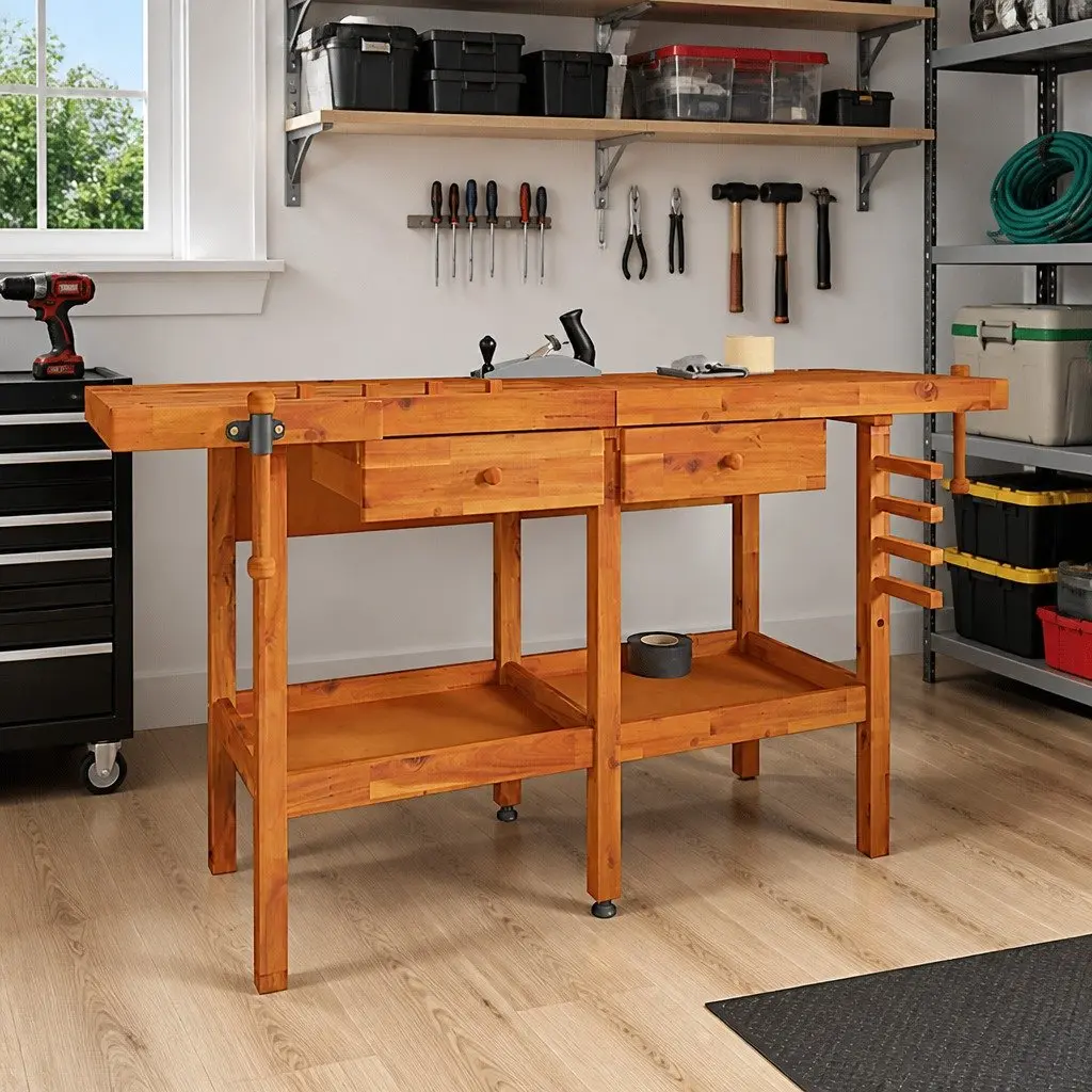Solid Wood Workbench Brown 162x62x83cm with 2 Drawers Shelf and Dual Vices